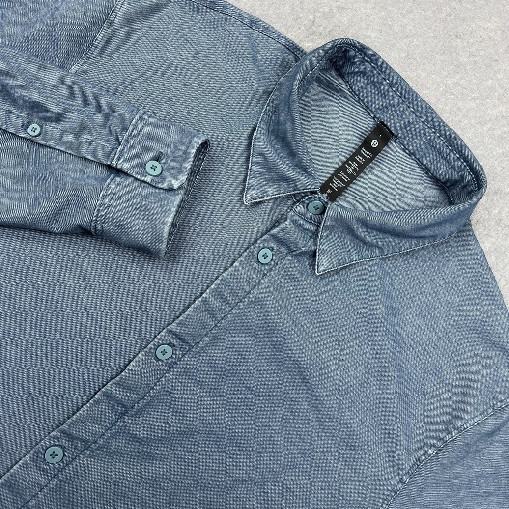 Lululemon Button Up Large Blue Enzyme Dye Commission Long Sleeve Shirt M3DJOS